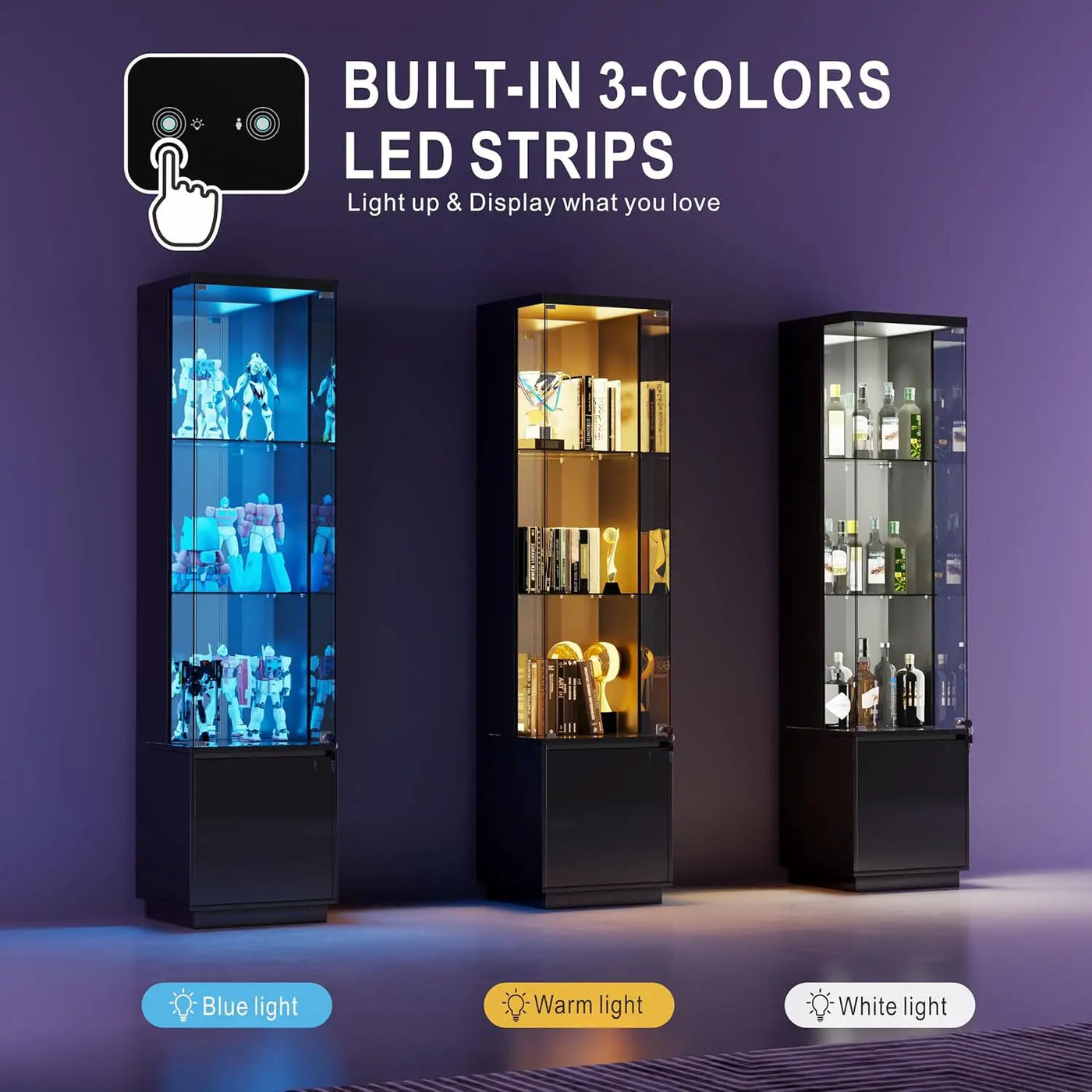 65" Lockable Curio Cabinet with Glass Door, 3-Color LED Lights & Human Body Sensor for Collectibles, Black