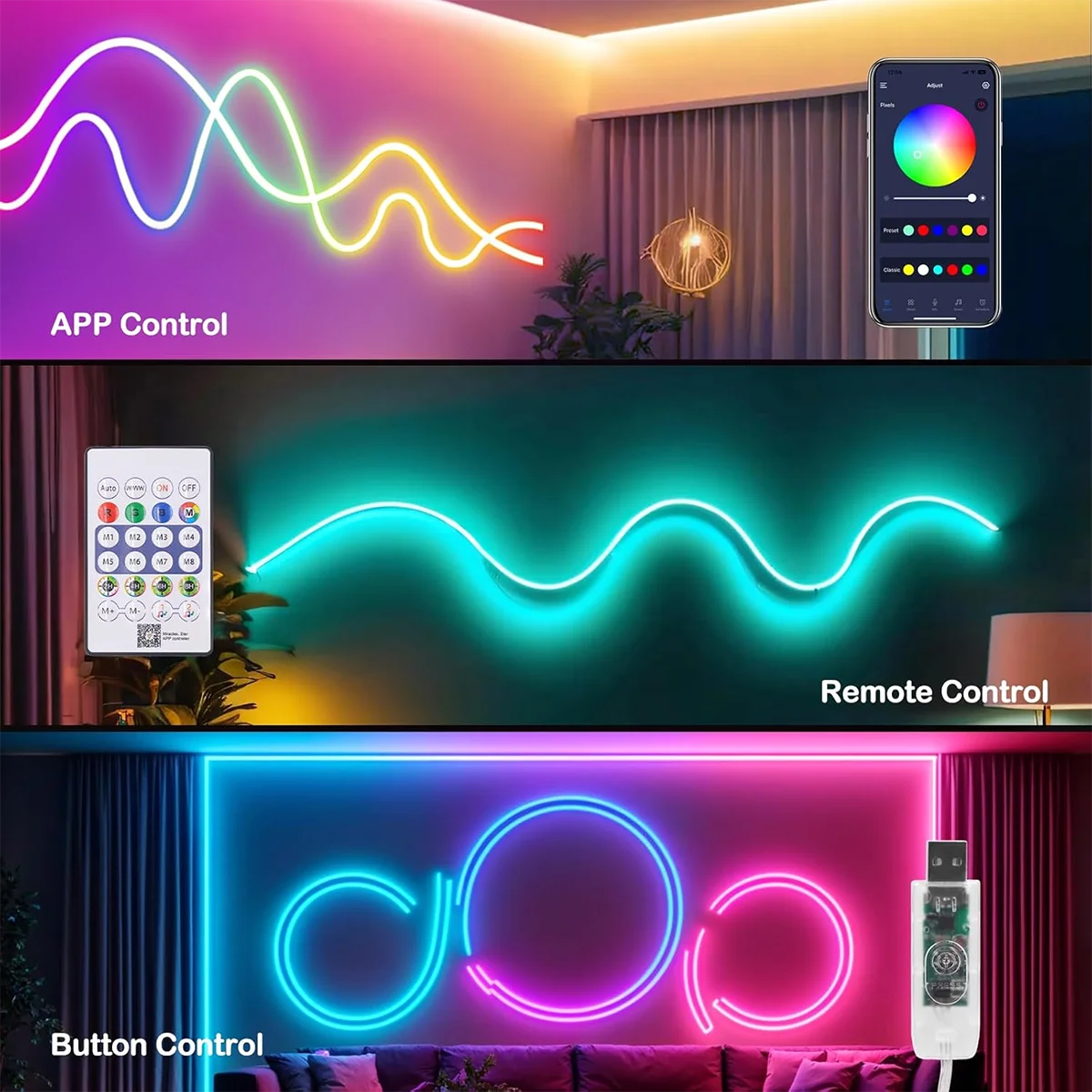 RGBIC LED Neon Strip Lights USB-Powered With Remote Control DIY Smart Neon Flex LED Lights for Bedroom Gaming Room Decoration
