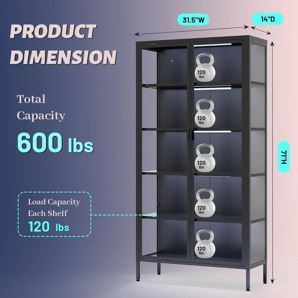 71 High Glass Curio Cabinet with 5 Shelves, LED Sensor Lights, Ideal for Living and Bedroom Display