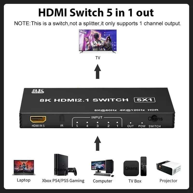 8K 60Hz HDMI 2.1 Switch 5x1 HDMI Switcher Video Converter 4K 120Hz 5 in 1 Out HDR10 3D for Xbox PS5 Laptop PC To TV Projector