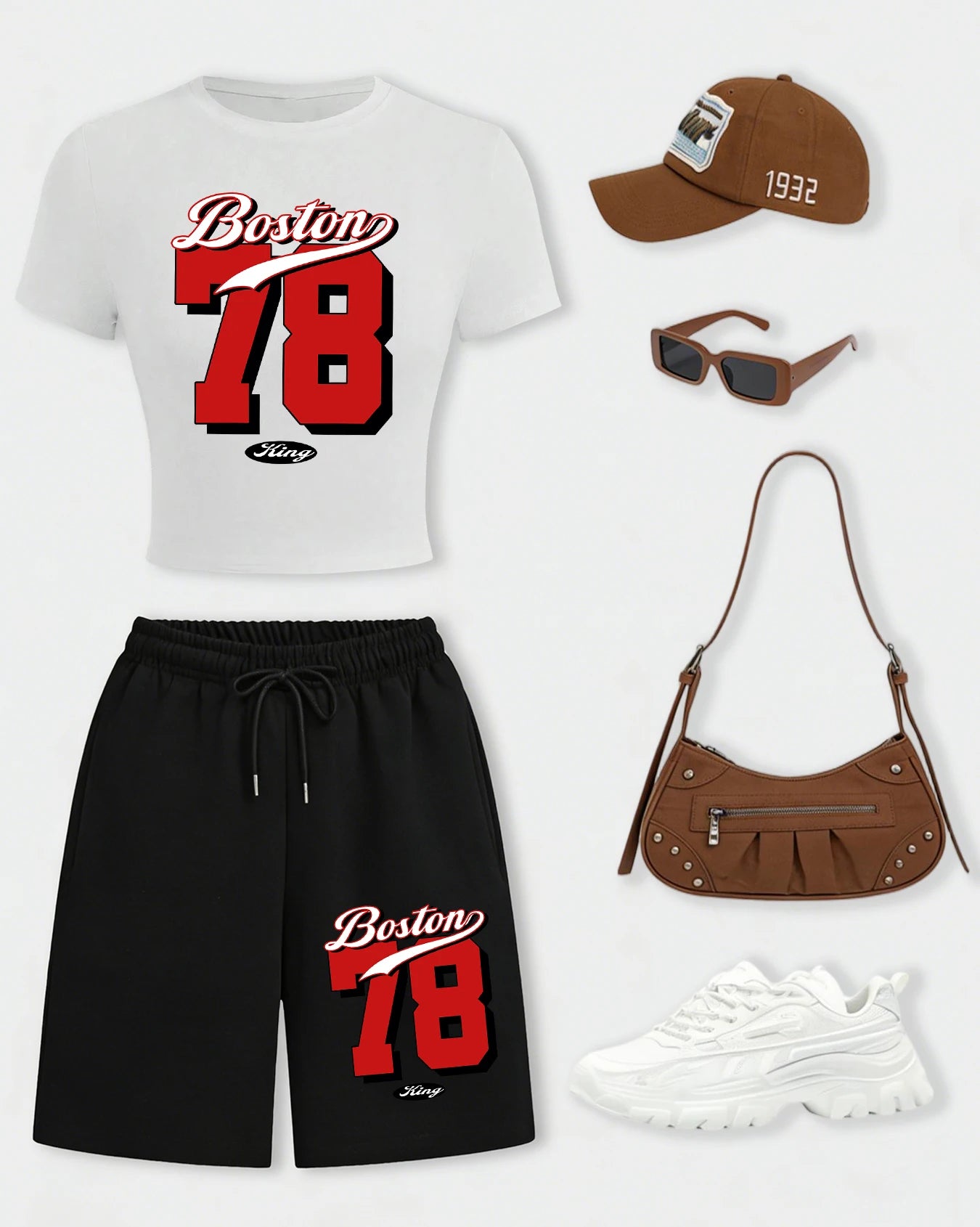 Boston Number 78 Design Womens Crop T Shirt Set Cotton Crewneck T-Shirts Pocket Summer Shorts Wide-Leg Drawstring Black Pant