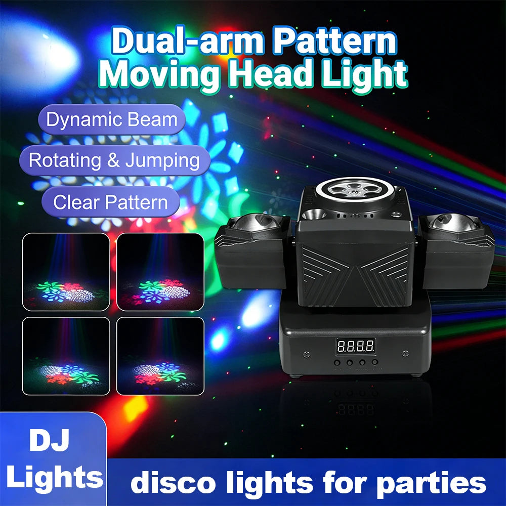 50W Double Head Pattern Moving Head Light LED Strobe Laser DMX512 Sound Activated Stage Lighting DJ Bar KTV Party Wedding Disco