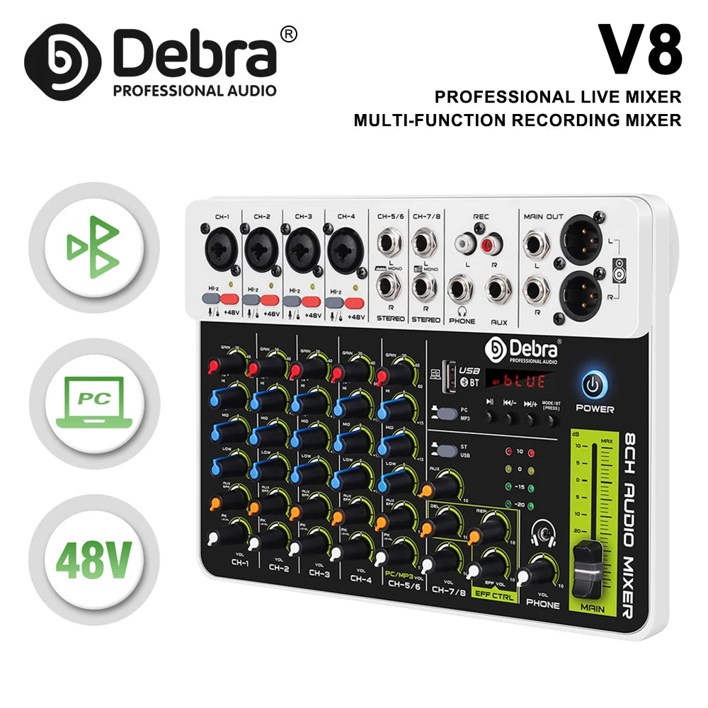 Debra V4/V8 Audio Interface Mixer, DJ Controller with Bluetooth USB 48V Phantom Power Delay Replay Effect for Computer Recording