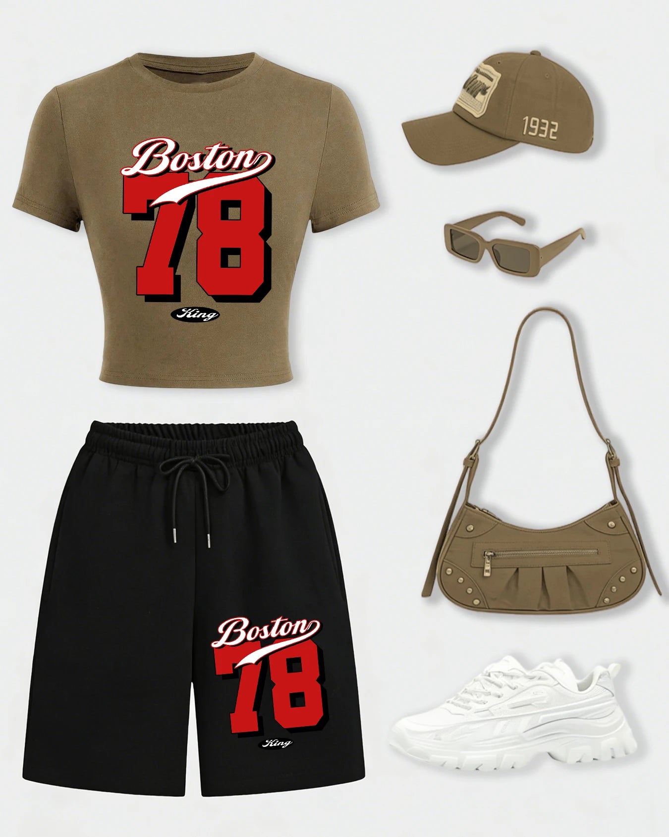 Boston Number 78 Design Womens Crop T Shirt Set Cotton Crewneck T-Shirts Pocket Summer Shorts Wide-Leg Drawstring Black Pant