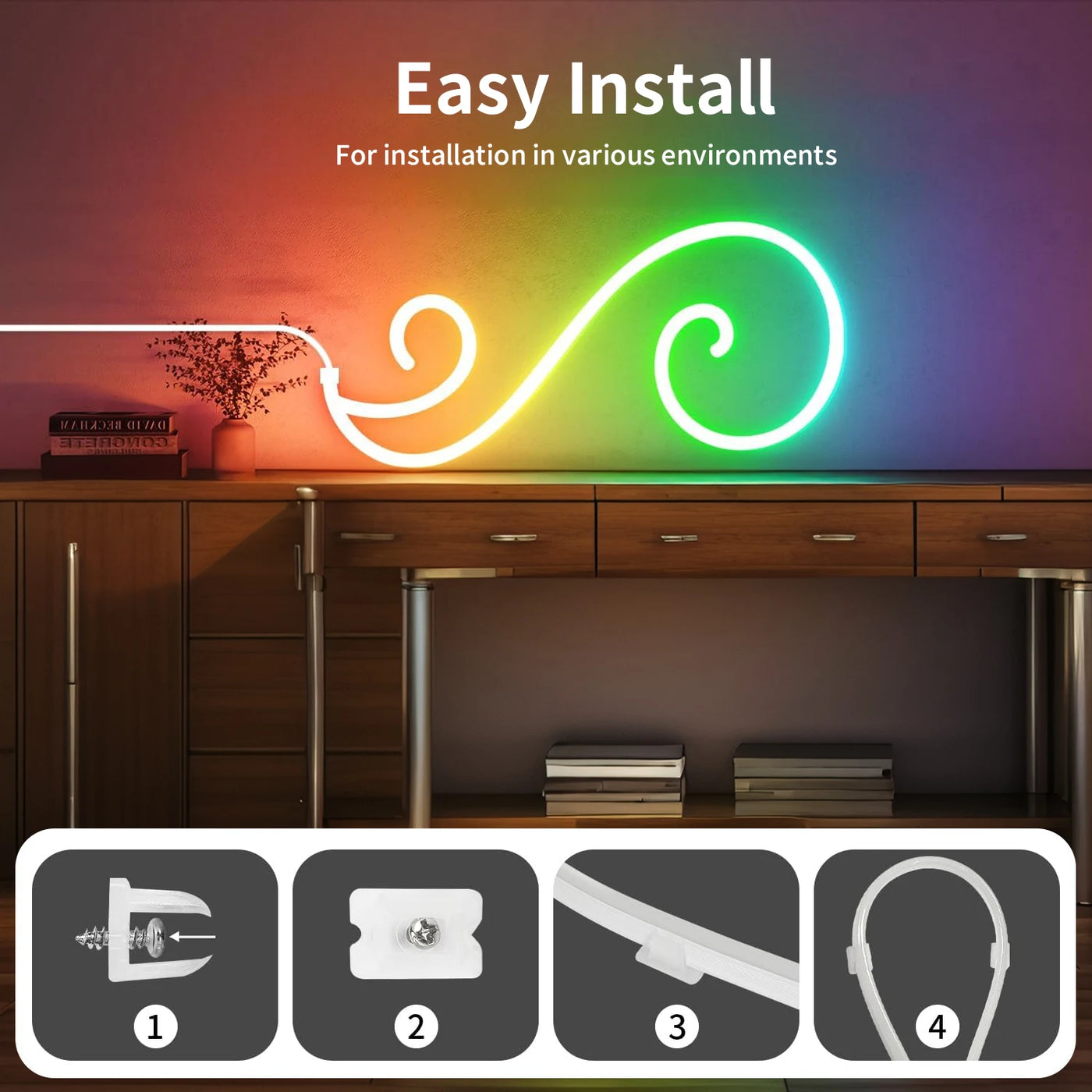 Smart RGB Neon Rope Light 5V USB 1m-10m IP65 Flexible Strip with Bluetooth Music Sync & App Control for Gaming Room Party