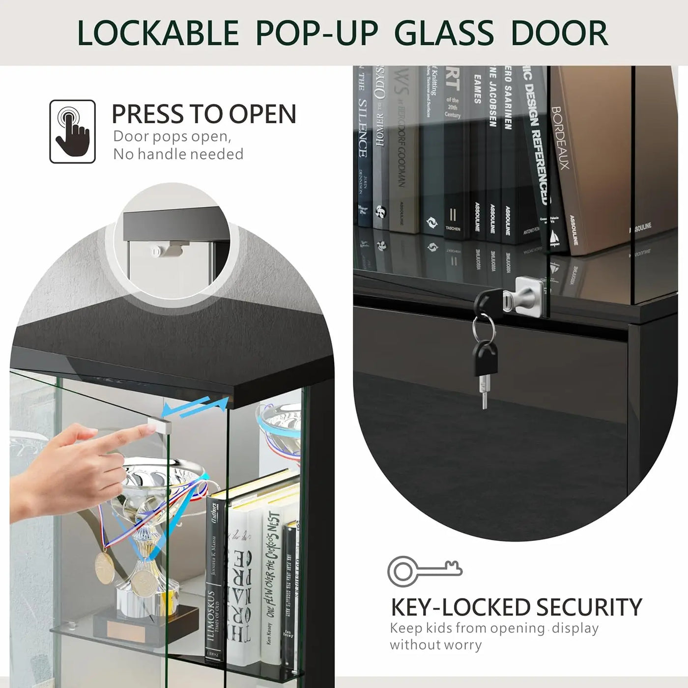 65" Lockable Curio Cabinet with Glass Door, 3-Color LED Lights & Human Body Sensor for Collectibles, Black