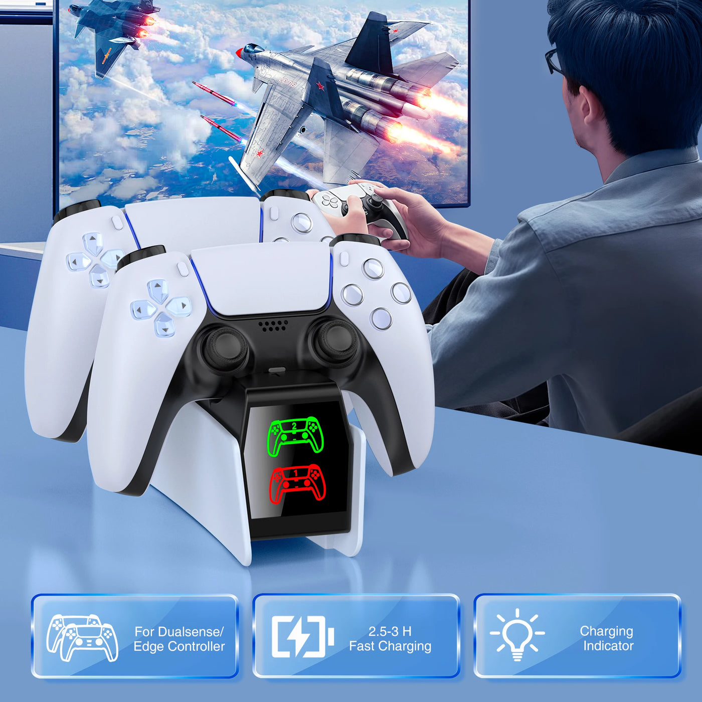 DinoFire for PS5 Type-C Charging Station RGB Dual Charging Dock Charger Stand DualSense Wireless Game controller