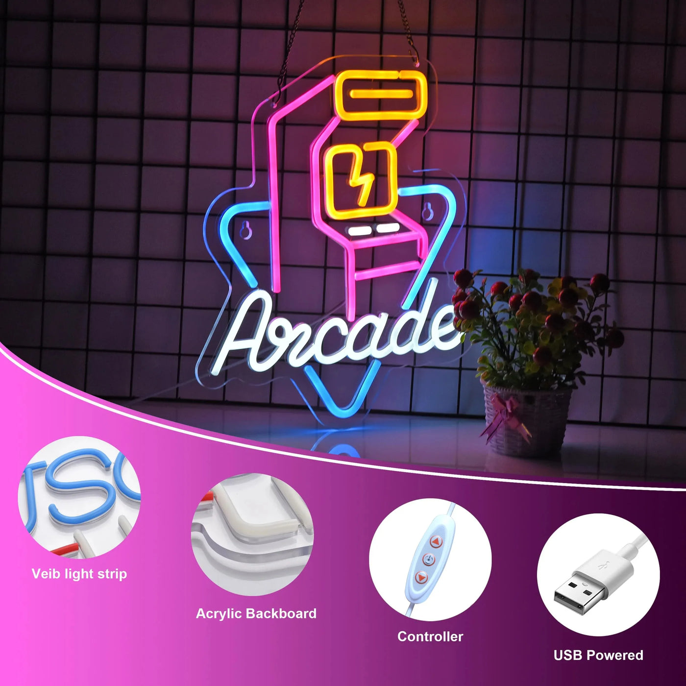 Arcade Personalized Gaming Neon LED Ambient Light USB Powered Dimmable Switch for Bedroom Game Room Home Wall Decoration