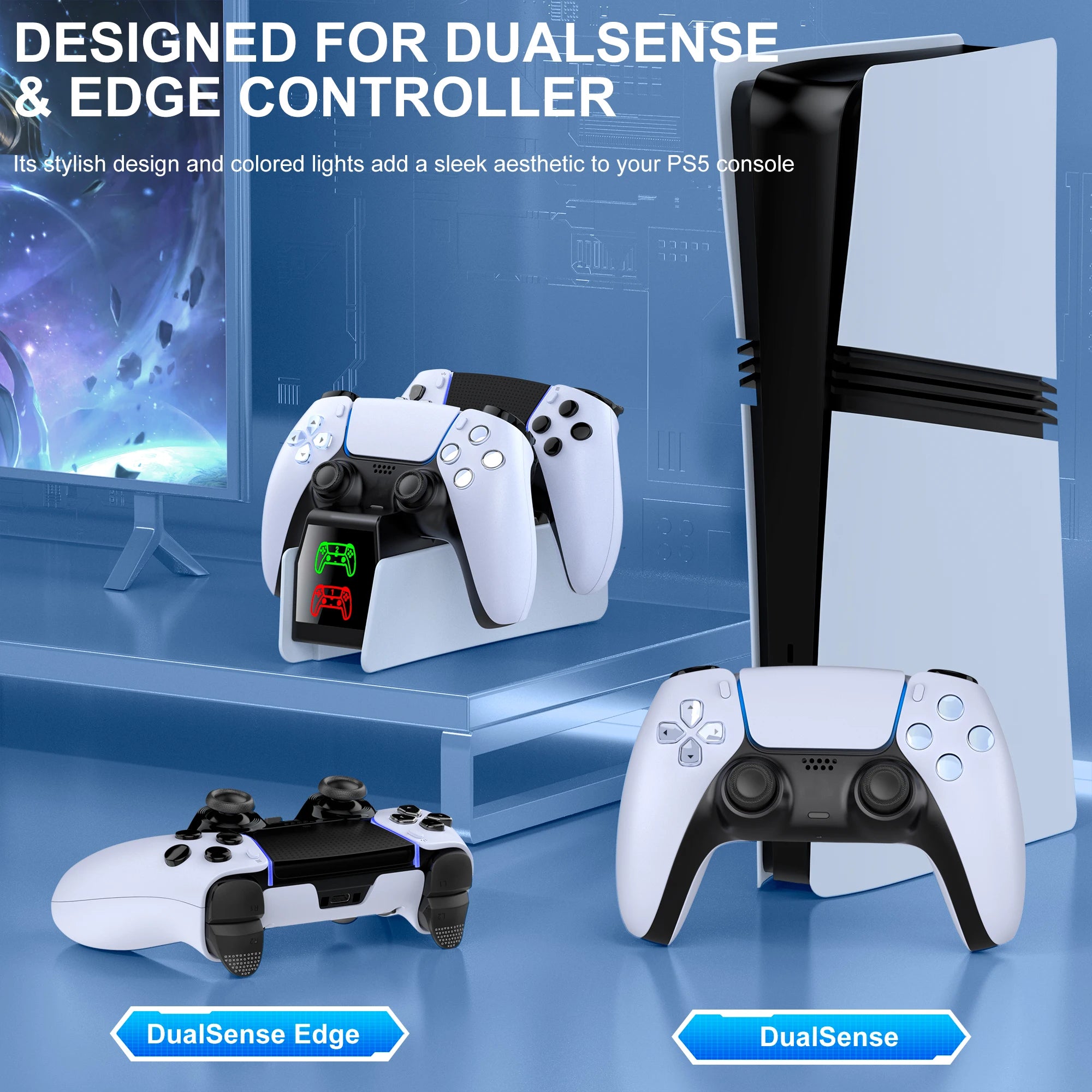 DinoFire for PS5 Type-C Charging Station RGB Dual Charging Dock Charger Stand DualSense Wireless Game controller