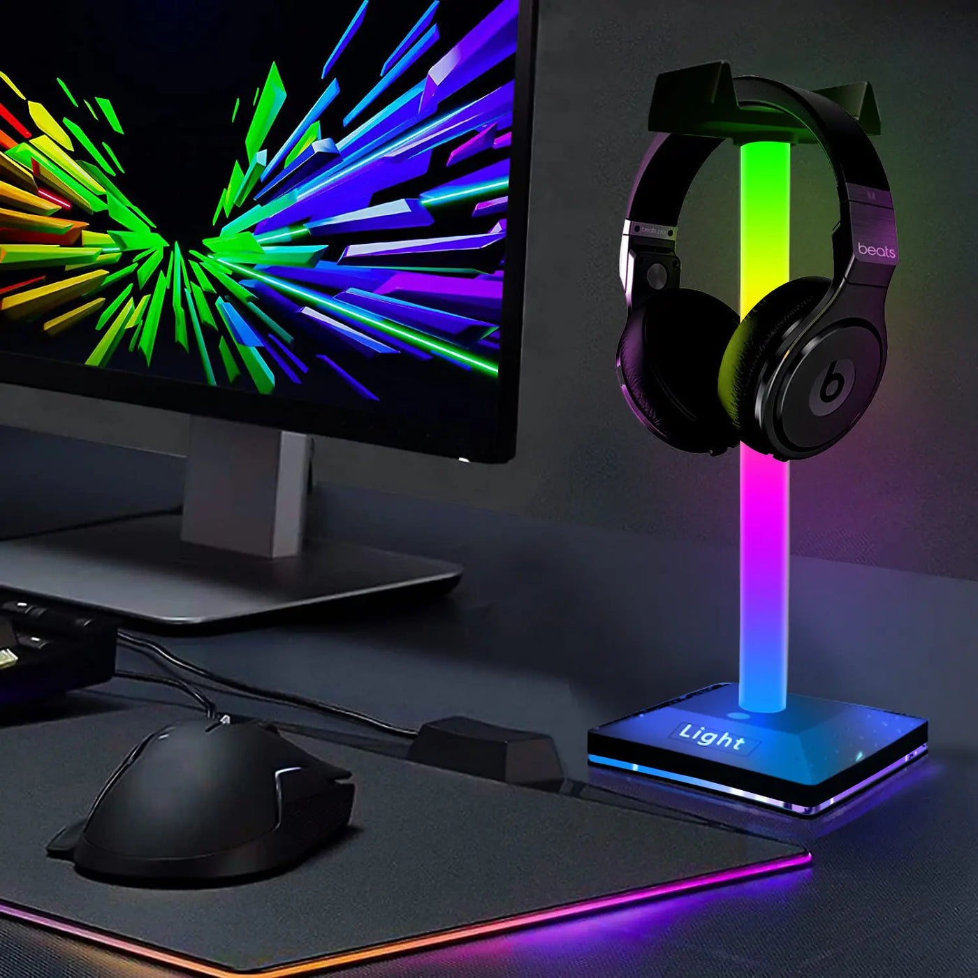 RGB Headphone Stand with Sound Activated Light, Headset Holder with Glowing Storage Base, Gaming Desk Accessory for Mic Pickup