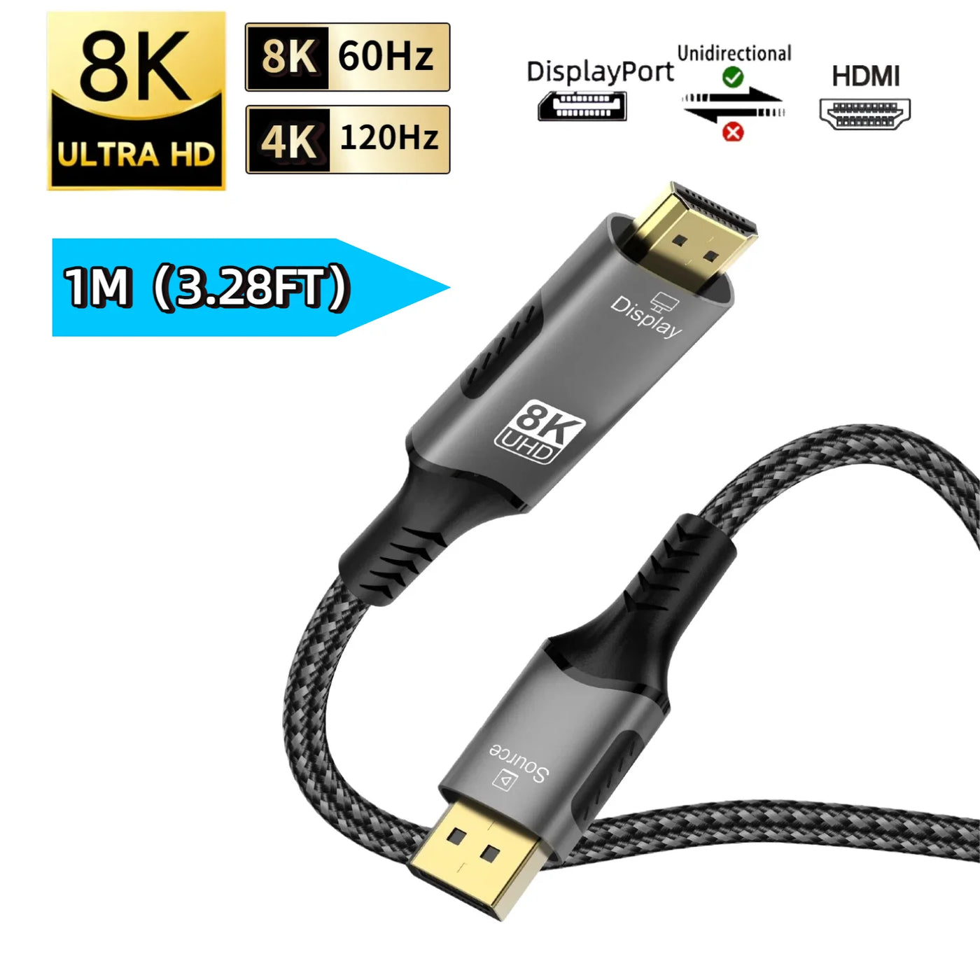 8K@60Hz DisplayPort to HDMI Adapter 4K@120Hz 2K@240Hz DP 1.4 Computer to HDMI 2.0 Screen DP to HDMI Extension Cable for Dell HP
