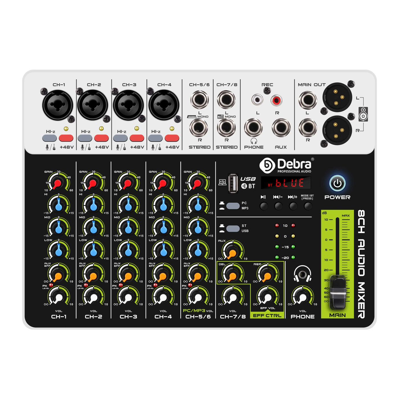 Debra V4/V8 Audio Interface Mixer, DJ Controller with Bluetooth USB 48V Phantom Power Delay Replay Effect for Computer Recording