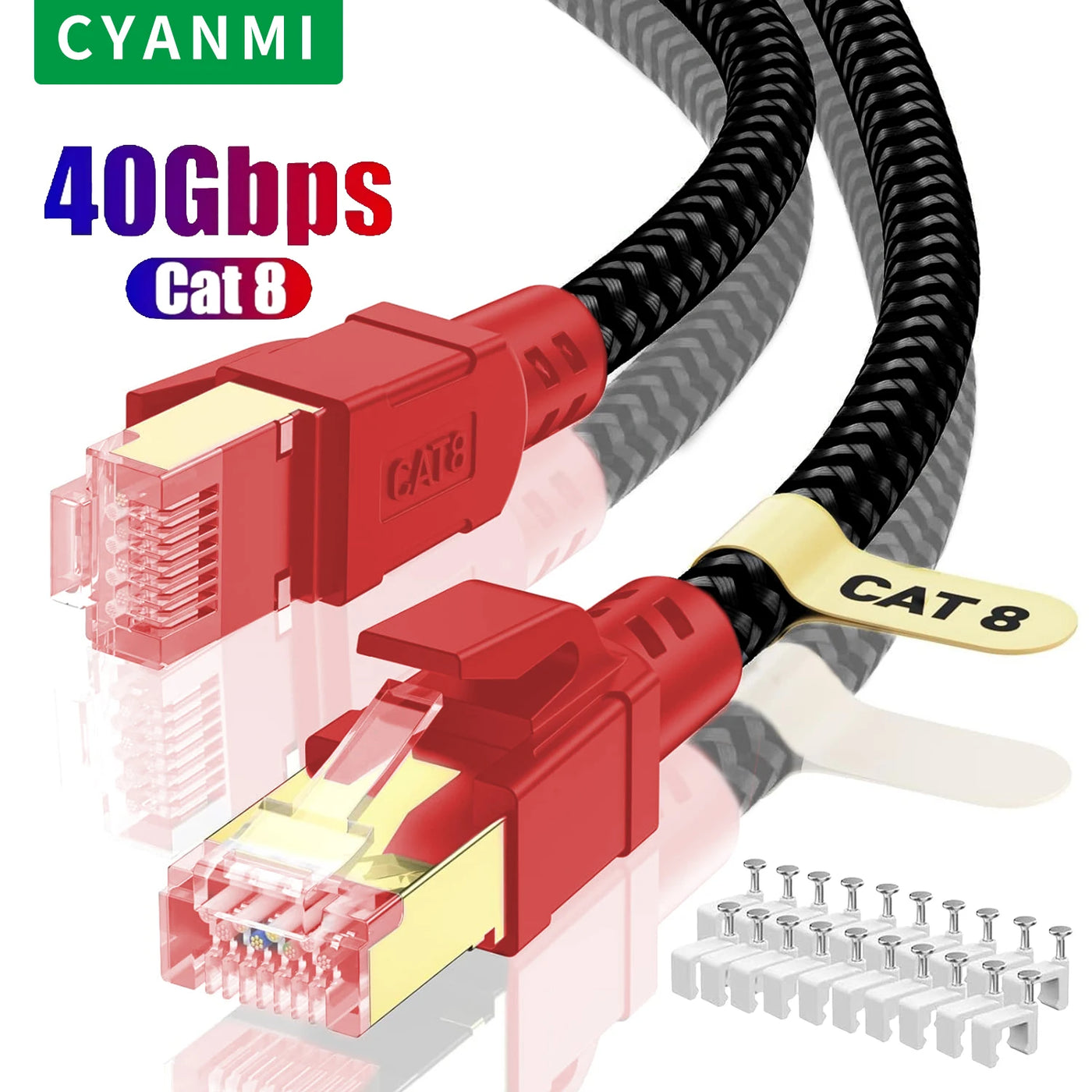 CYANMI Ethernet Cable CAT8 40Gbps Nylon Braided Network Lan Cord for PC Modem Laptop PS 5 Router RJ45 Flat Cat 8 Ethernet Cable