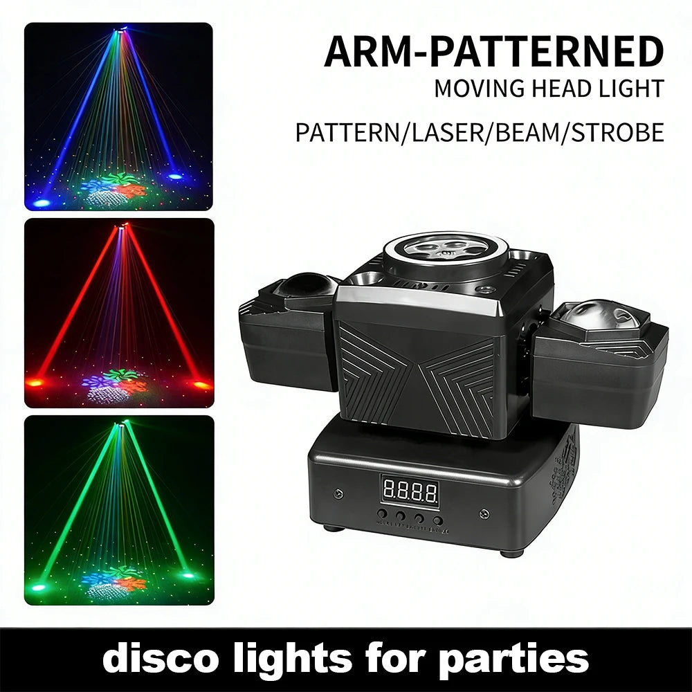 50W Double Head Pattern Moving Head Light LED Strobe Laser DMX512 Sound Activated Stage Lighting DJ Bar KTV Party Wedding Disco