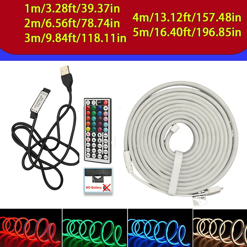 RGB LED Neon Rope Lights,5V USB Power Lamp,Remote Control,Adjustable Brightness,Moldable Strip - Gaming Backlight