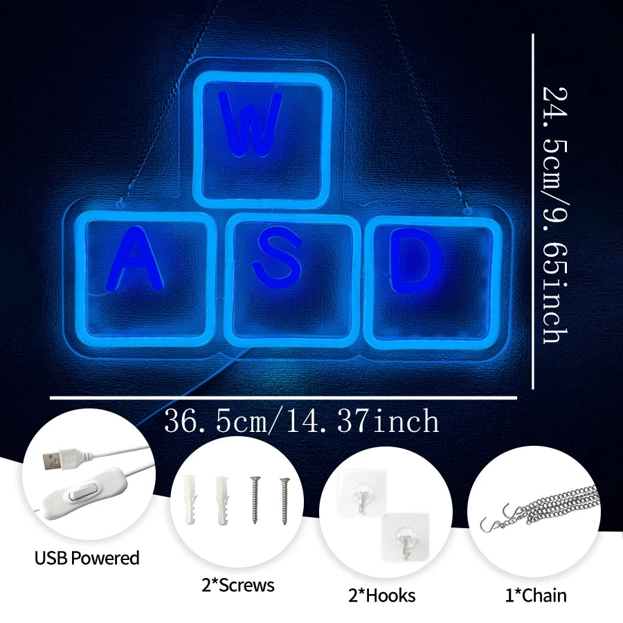 Neon Sign Of Keyboard, Led Sign Of Wasd Key Cap, Used For Decor Of Walls, Bedrooms And Game Rooms-Cool Wasd Key Game Lights.