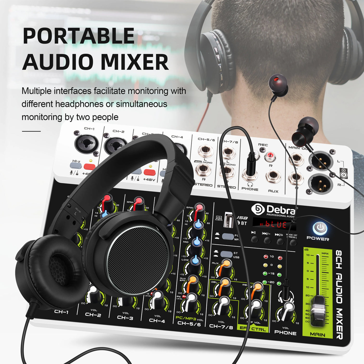 Debra V4/V8 Audio Interface Mixer, DJ Controller with Bluetooth USB 48V Phantom Power Delay Replay Effect for Computer Recording