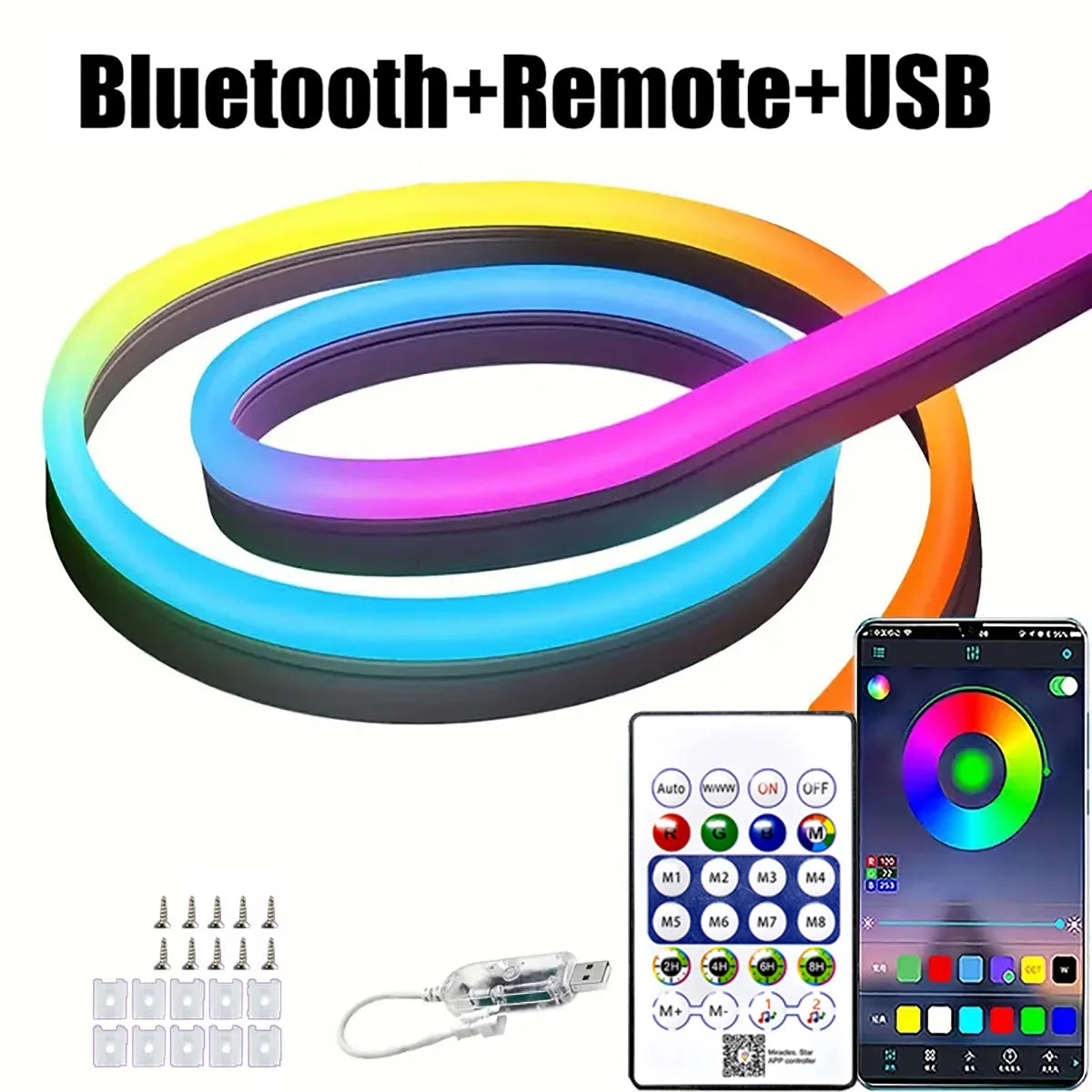 RGBIC LED Neon Strip Lights USB-Powered With Remote Control DIY Smart Neon Flex LED Lights for Bedroom Gaming Room Decoration