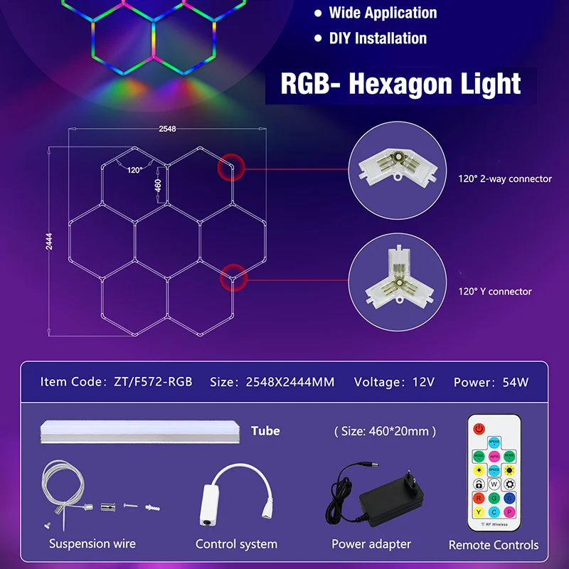 Remote Control Neon RGB Hexagon Honeycomb Light Gym Roomhome Cinema Party Club Gaming Wall Stage Bar Garage Ceiling Light