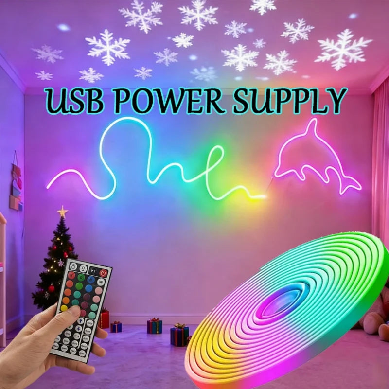 RGB LED Neon Rope Lights,5V USB Power Lamp,Remote Control,Adjustable Brightness,Moldable Strip - Gaming Backlight