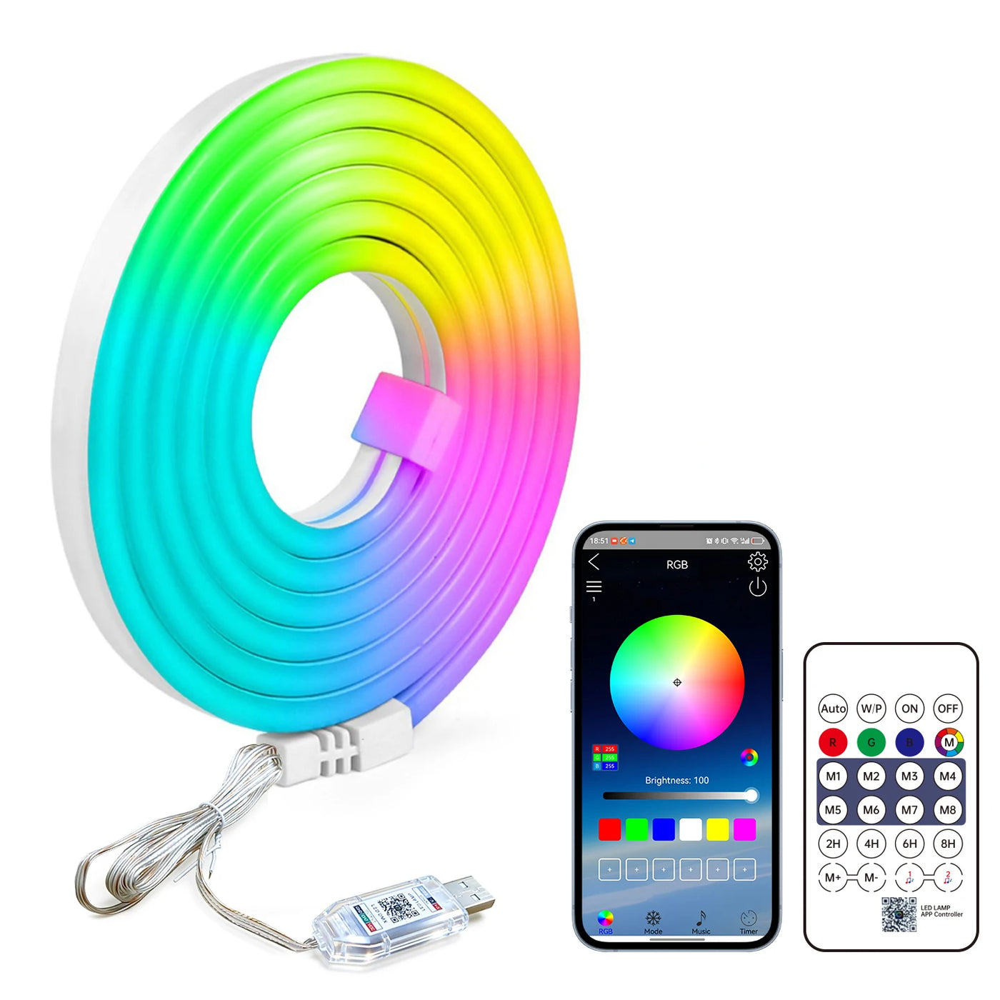 Smart RGB Neon Rope Light 5V USB 1m-10m IP65 Flexible Strip with Bluetooth Music Sync & App Control for Gaming Room Party