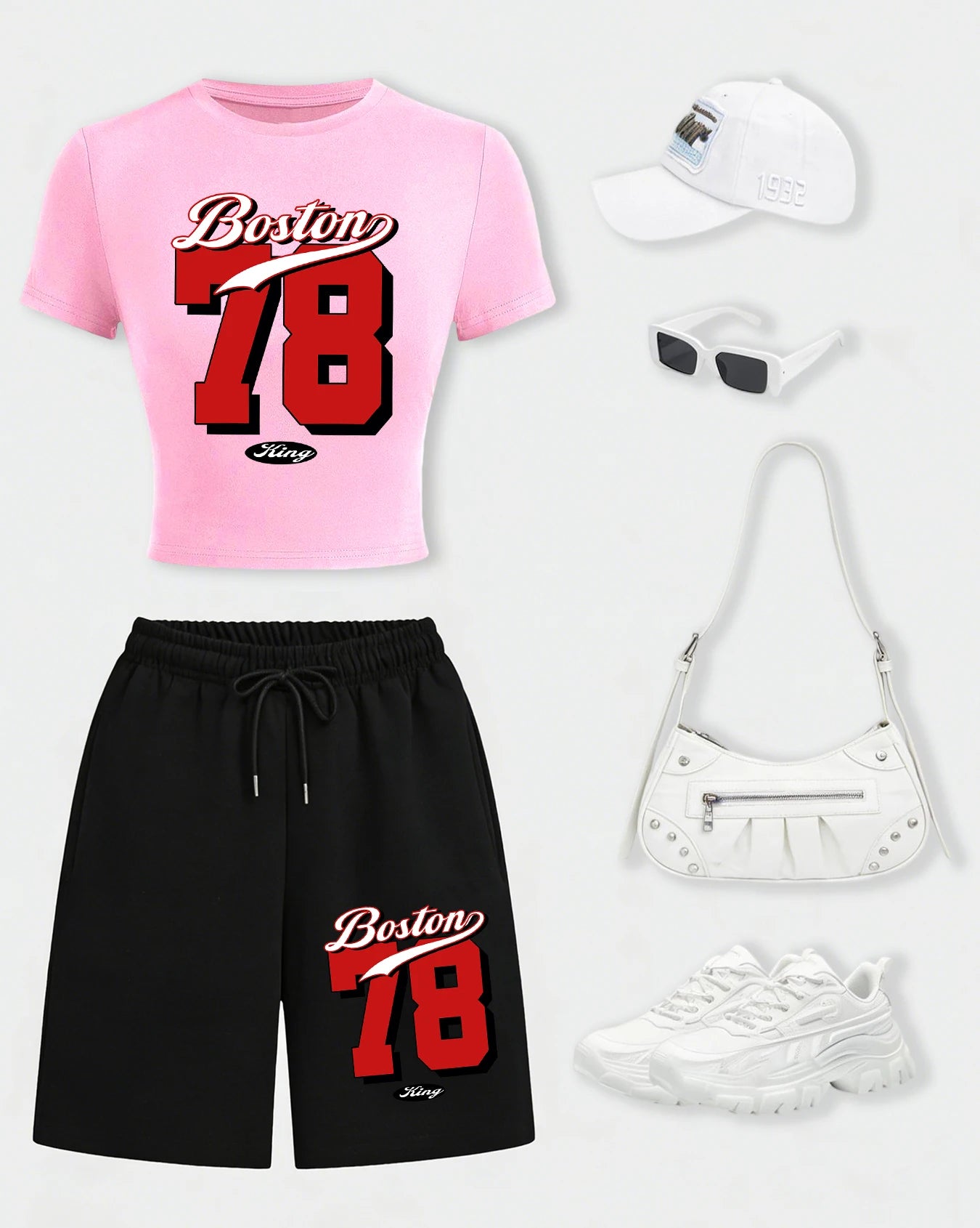 Boston Number 78 Design Womens Crop T Shirt Set Cotton Crewneck T-Shirts Pocket Summer Shorts Wide-Leg Drawstring Black Pant