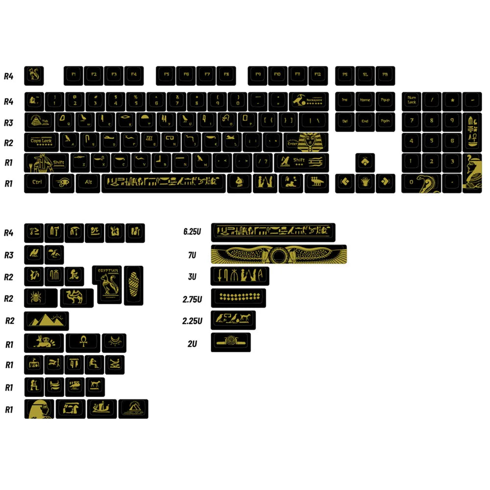 142 Keys Pharaoh Keycap PBT Material Cherry Profile Black Gold Color DYE Sublimation ANSI Layout For Mechanical Gaming Keyboard