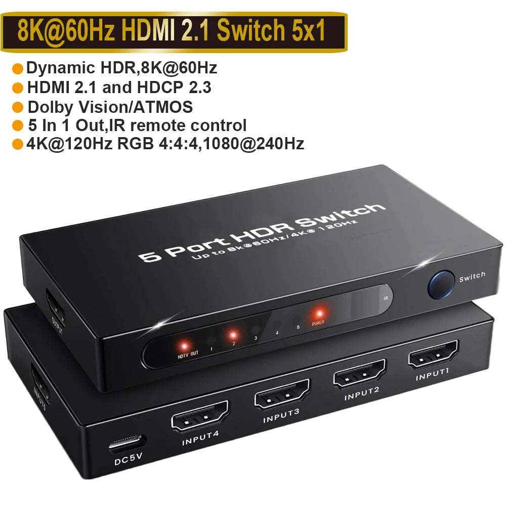 Navceker HDMI 2.1 Switcher 8K 60Hz 4K120Hz HDMI-compatible Switch 4 in 1 Out with Remote Control Converter For Xbox PS5 Monitors