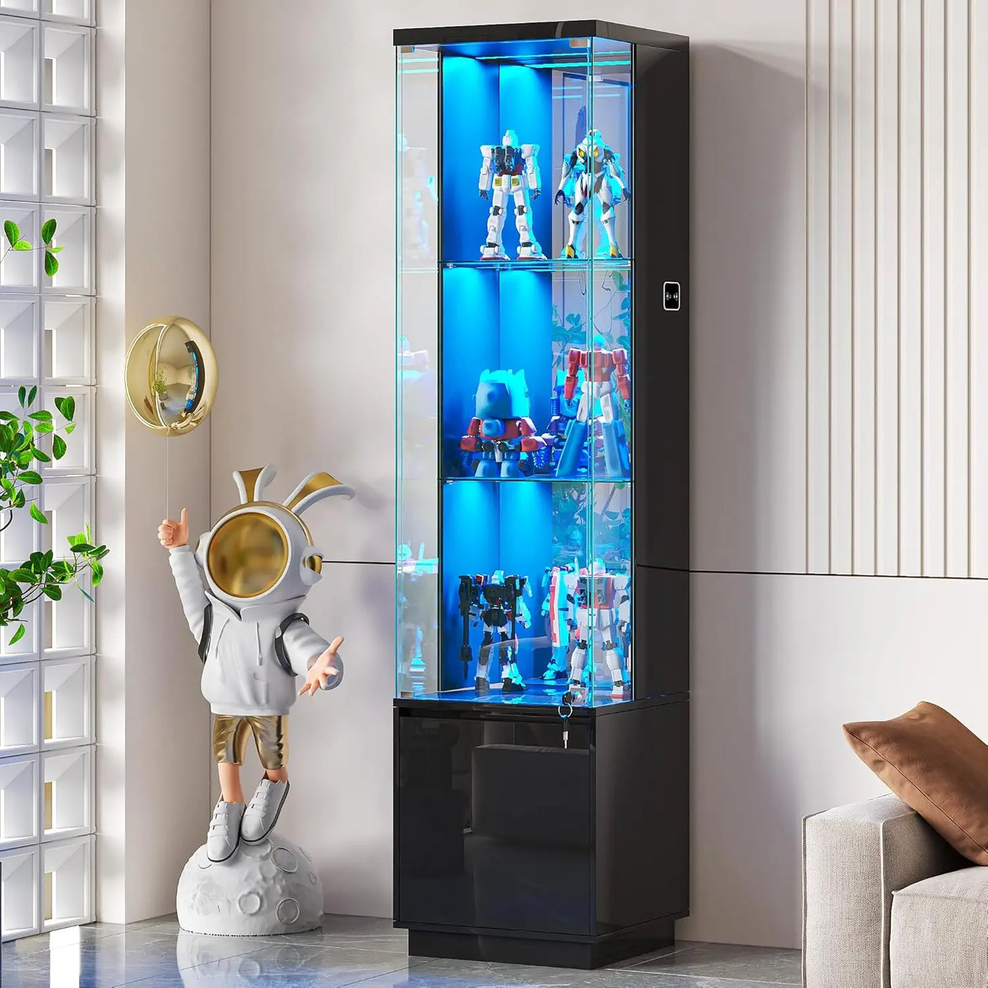 65" Lockable Curio Cabinet with Glass Door, 3-Color LED Lights & Human Body Sensor for Collectibles, Black