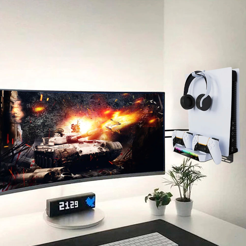 Wall Mount Kit with Charging Station RGB Light Wall Bracket W/ Headset Holder Wall Stand for PS5/PS5 Slim Disc & Digital Console