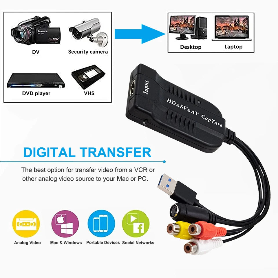 USB 2.0 Video Capture Card HD/AV/3RCA/S video VHS Analog to Digital Converter USB Capture Card Device for Hi8 DVD VCR PS3 PS4