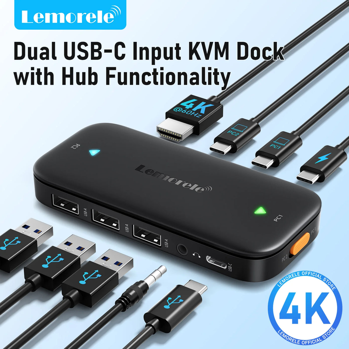 Lemorele USB-C KVM Switch 2 in 5 Out 4K 60Hz USB-C Switcher PD 100W for PS5 PC Laptop Monitor Projector Keyboard Mouse Docking