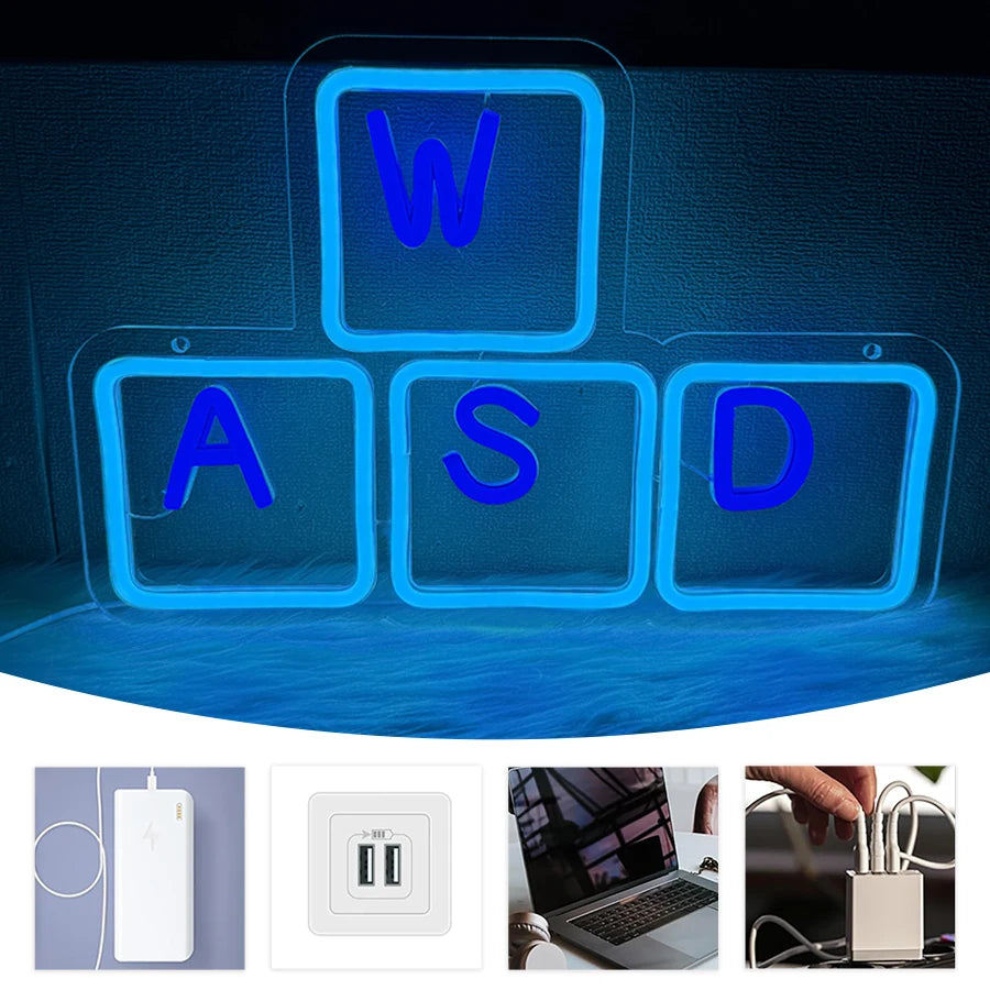 Neon Sign Of Keyboard, Led Sign Of Wasd Key Cap, Used For Decor Of Walls, Bedrooms And Game Rooms-Cool Wasd Key Game Lights.