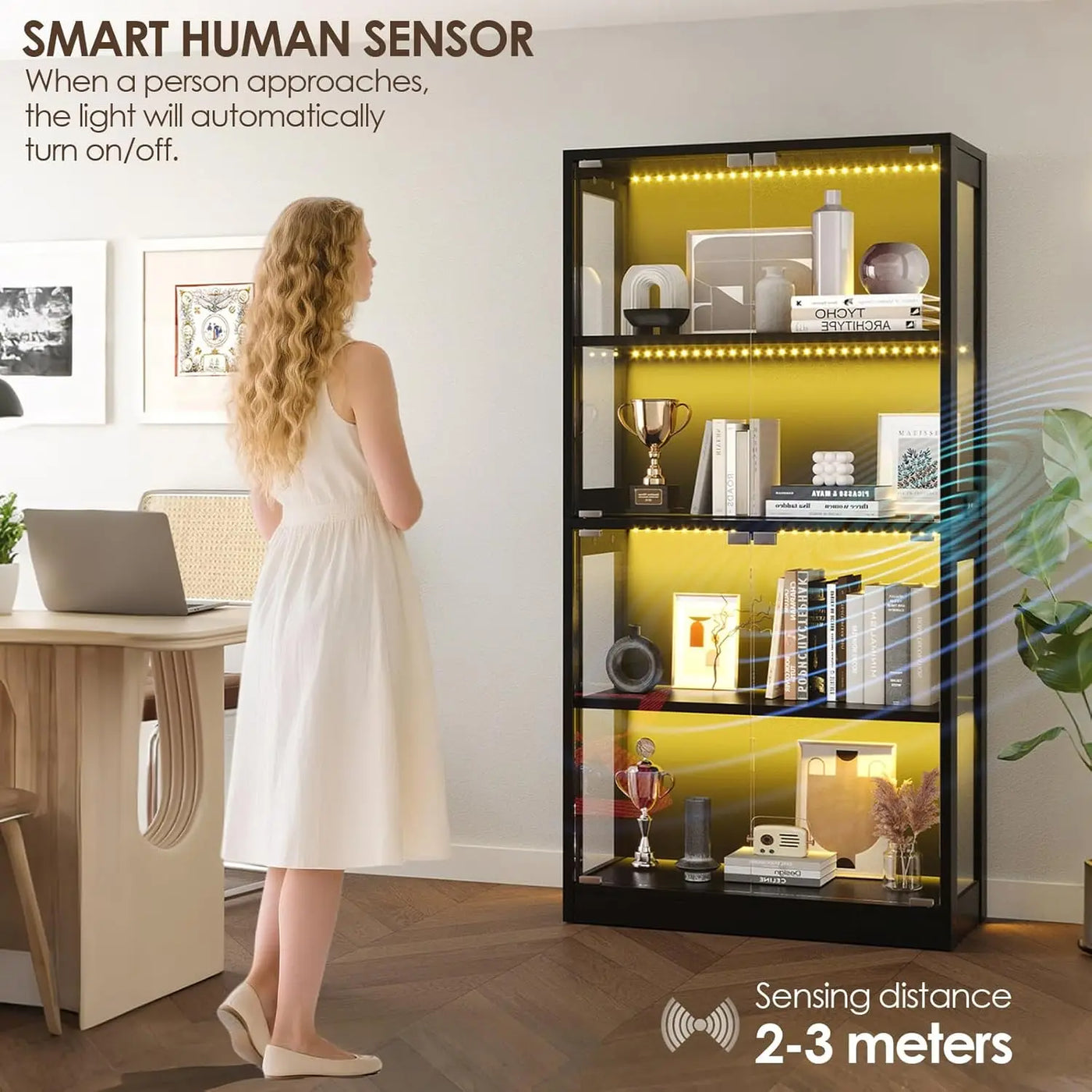 4-Tier Glass Door Display Cabinet with HD Glass, Human Sensor & 3 Lighting Modes for Curio Trophy, Custom