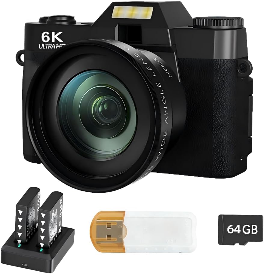 6K 64MP Digital Camera for Photography & YouTube Vlogging, 3" 180° Flip Screen, 16X Zoom Autofocus, WiFi, with Wide-Angle Lens,64GB TF Card, 2 Batteries, Charger, Reader & Flash