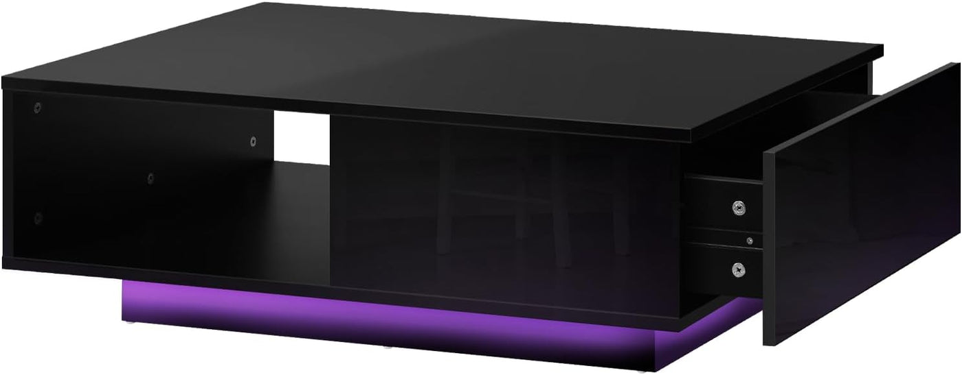 FAZE1 GAME Coffee Table High Gloss Storage Drawer and Open Shelf Home Living Room Table Black
