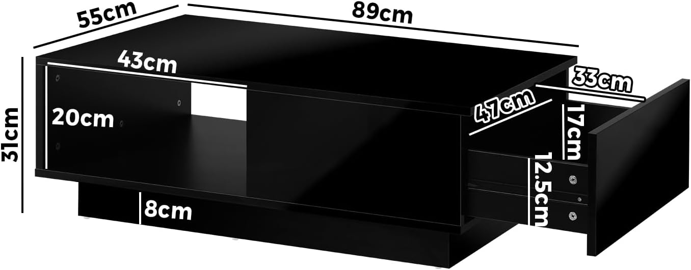 FAZE1 GAME Coffee Table High Gloss Storage Drawer and Open Shelf Home Living Room Table Black