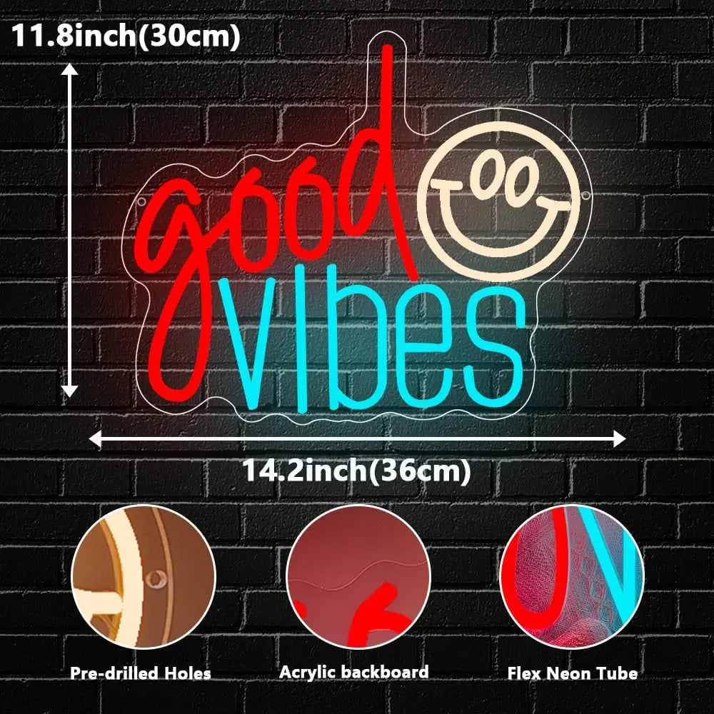 Good Vibes Neon Sign USB Dimmable Smile Face LED Light for Bar Party Dorm Gaming Room Bedroom Decorations neon personnalisé Gift