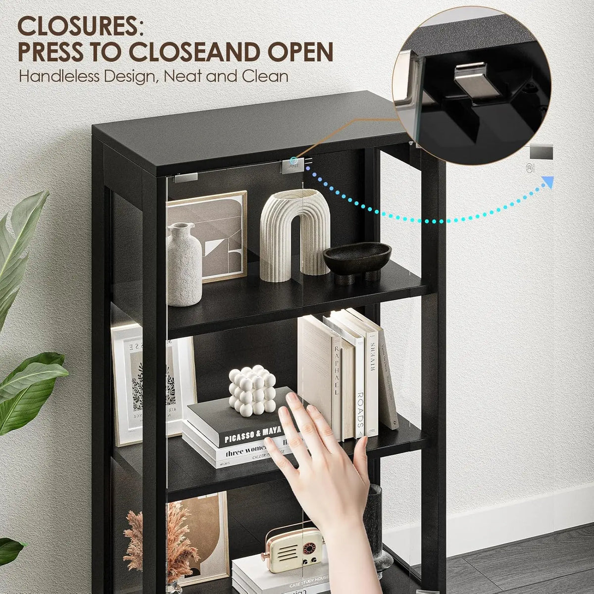 4-Tier Glass Door Display Cabinet with HD Glass, Human Sensor & 3 Lighting Modes for Curio Trophy, Custom