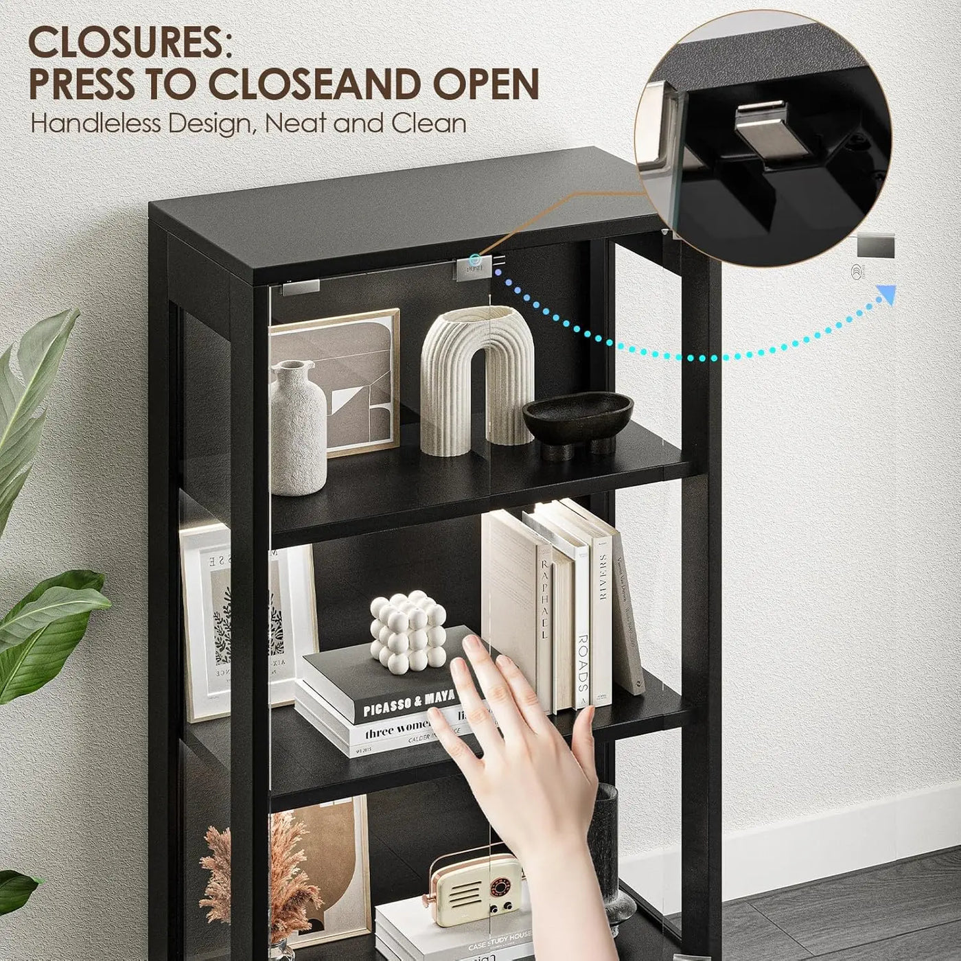 4-Tier Glass Door Display Cabinet with HD Glass, Human Sensor & 3 Lighting Modes for Curio Trophy, Custom