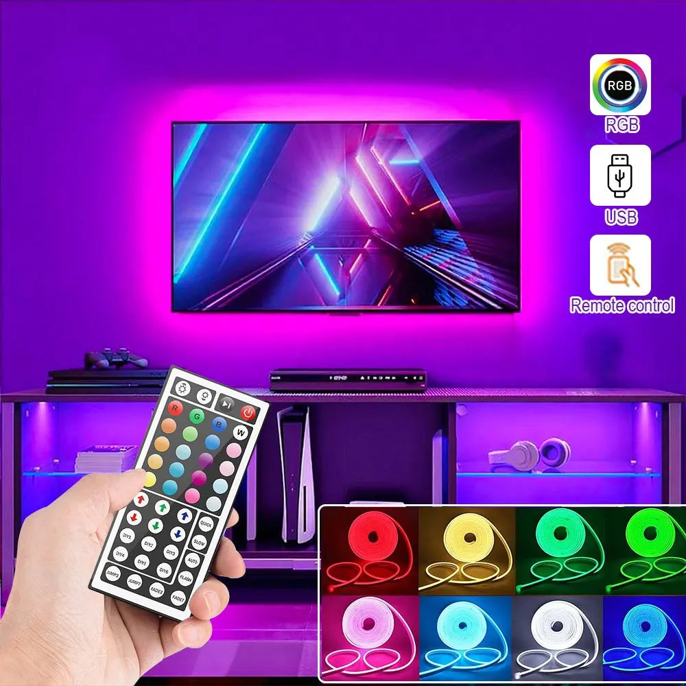 RGB LED Neon Rope Lights,5V USB Power Lamp,Remote Control,Adjustable Brightness,Moldable Strip - Gaming Backlight
