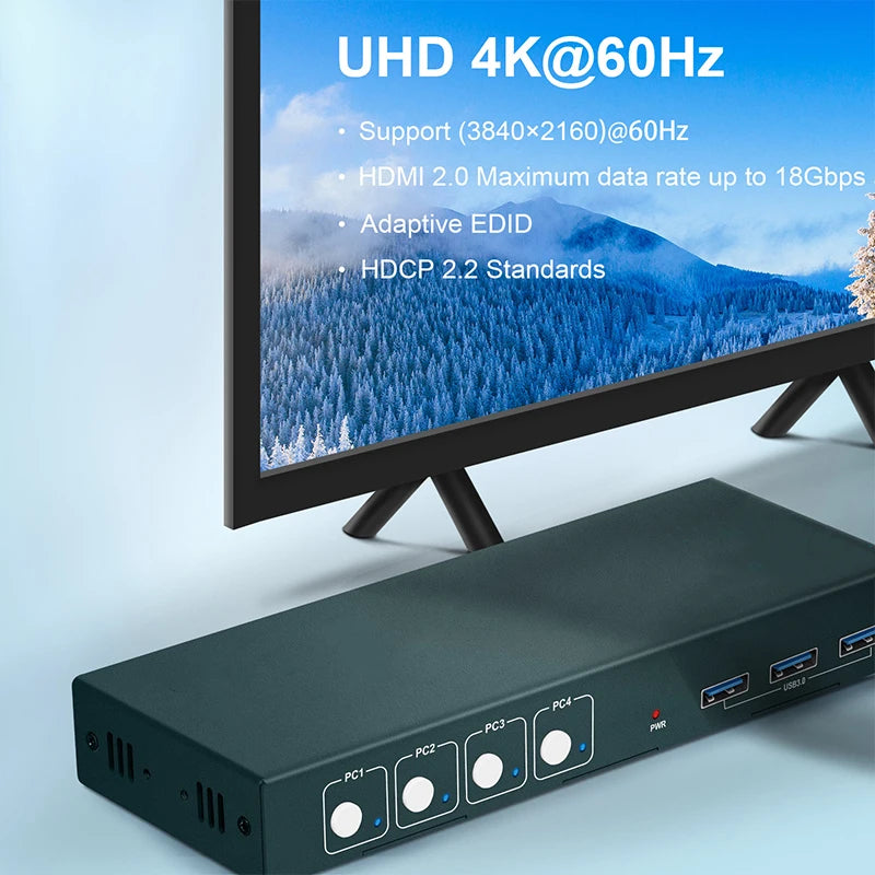 4 Port KVM Switch USB HDMI Switcher 4Kx2K@60Hz for 4 Computers Sharing 1 HD Monitor and 3 USB Devices Keyboard Mouse Printer