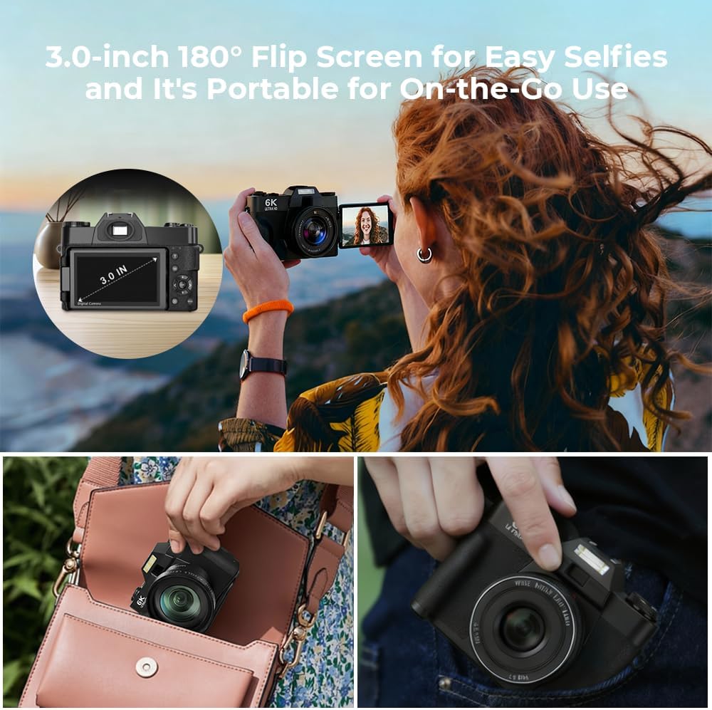 6K 64MP Digital Camera for Photography & YouTube Vlogging, 3" 180° Flip Screen, 16X Zoom Autofocus, WiFi, with Wide-Angle Lens,64GB TF Card, 2 Batteries, Charger, Reader & Flash