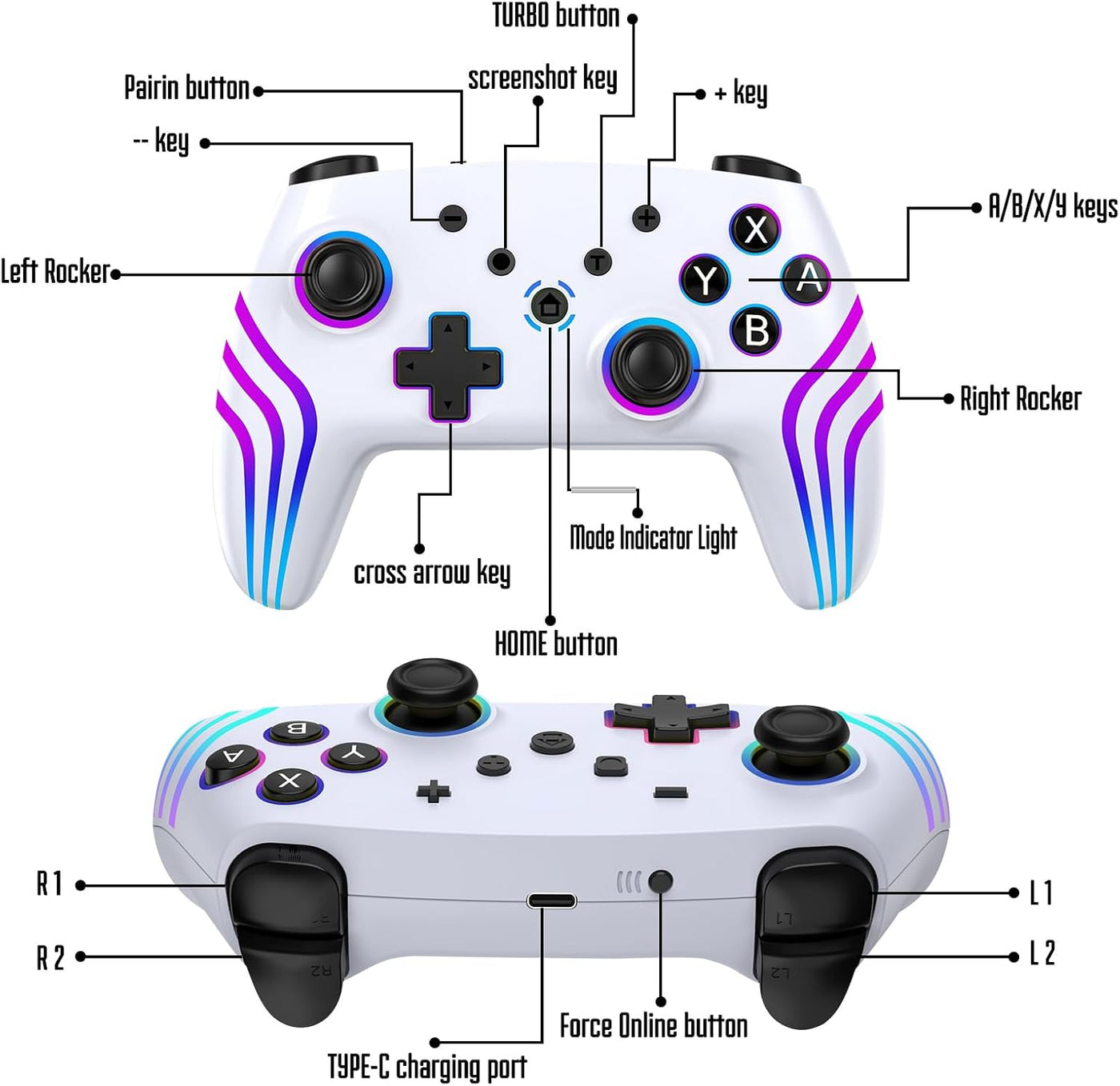 MYSTILUCK Wireless Pro Controller for Switch/Switch 2/Lite/OLED/PC, Gamepad with 7 Color Changing RGB Lighting/Hall Effect Trigger/Dual Vibration/Turbo, Ergonomic Designed Precise Joystick