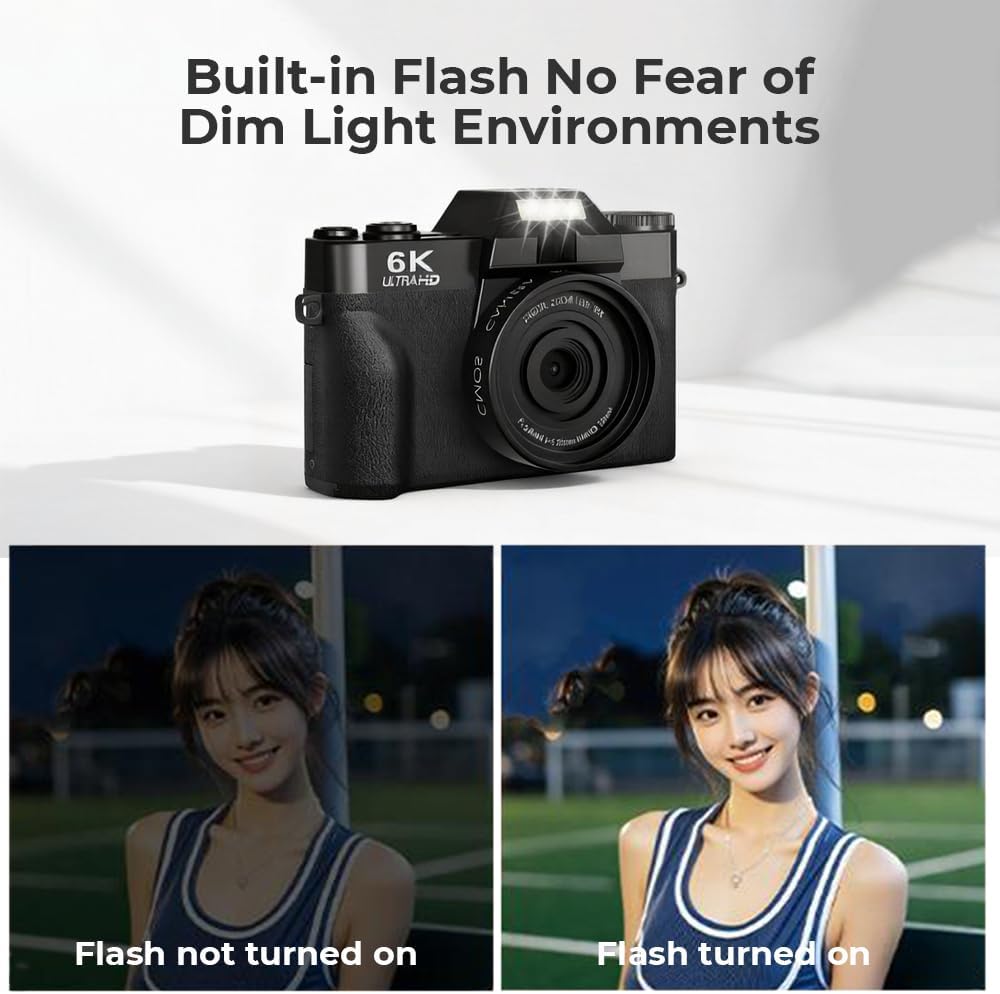 6K 64MP Digital Camera for Photography & YouTube Vlogging, 3" 180° Flip Screen, 16X Zoom Autofocus, WiFi, with Wide-Angle Lens,64GB TF Card, 2 Batteries, Charger, Reader & Flash
