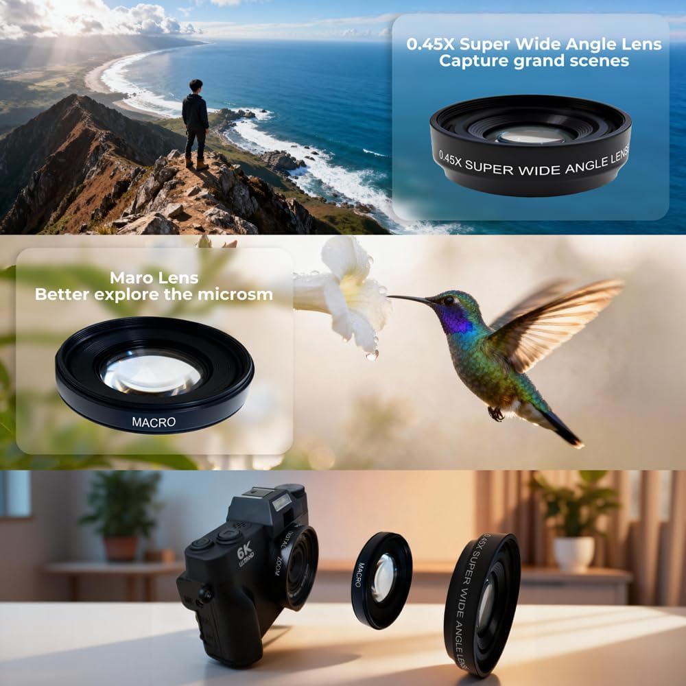 6K 64MP Digital Camera for Photography & YouTube Vlogging, 3" 180° Flip Screen, 16X Zoom Autofocus, WiFi, with Wide-Angle Lens,64GB TF Card, 2 Batteries, Charger, Reader & Flash