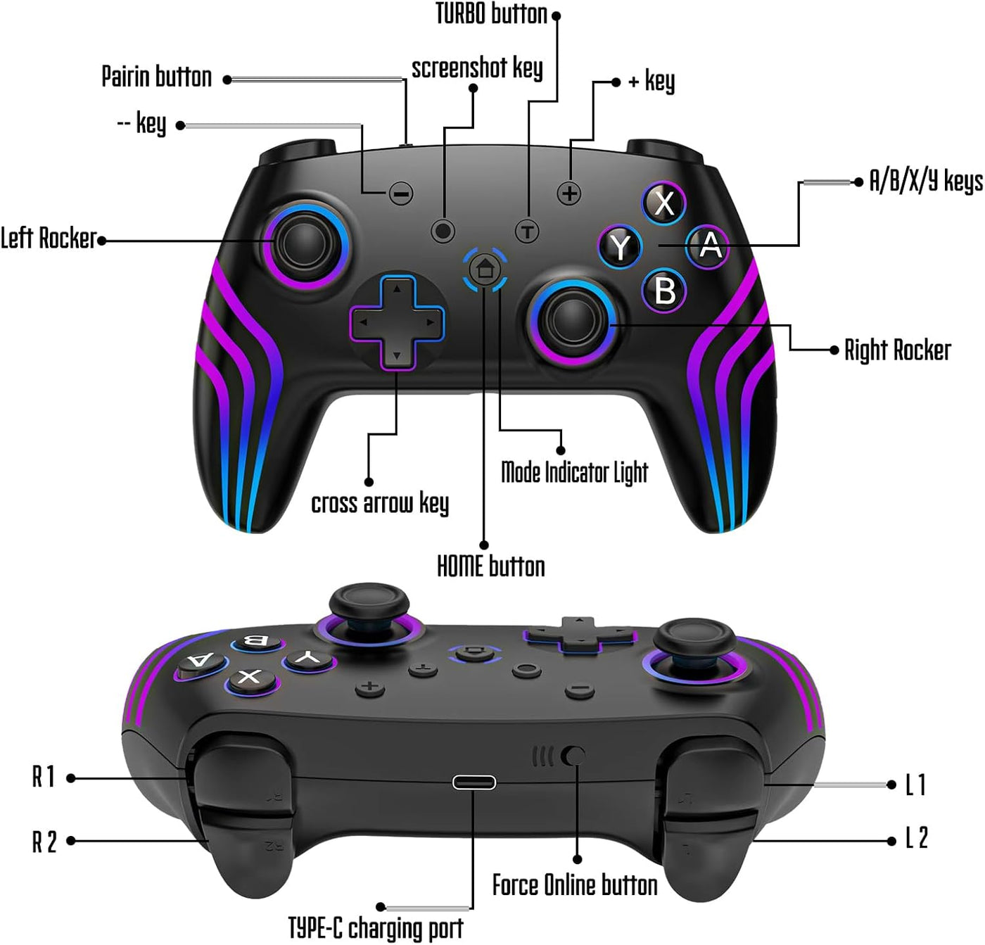 MYSTILUCK Wireless Pro Controller for Switch/Switch 2/Lite/OLED/PC, Gamepad with 7 Color Changing RGB Lighting/Hall Effect Trigger/Dual Vibration/Turbo, Ergonomic Designed Precise Joystick