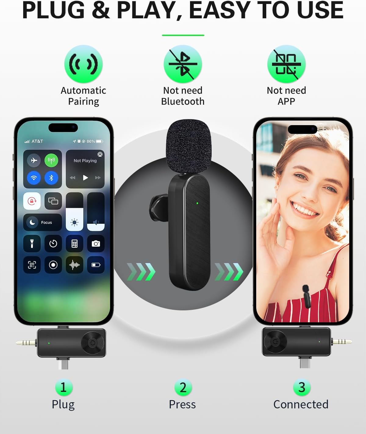 3-in-1 Wireless Lavalier Microphone for iPhone, Android, Cameras - Mini Microphone with Digital Display & Noise Reduction, 20H Battery Life, Mic for Video Recording, TikTok, YouTube, Vlogging