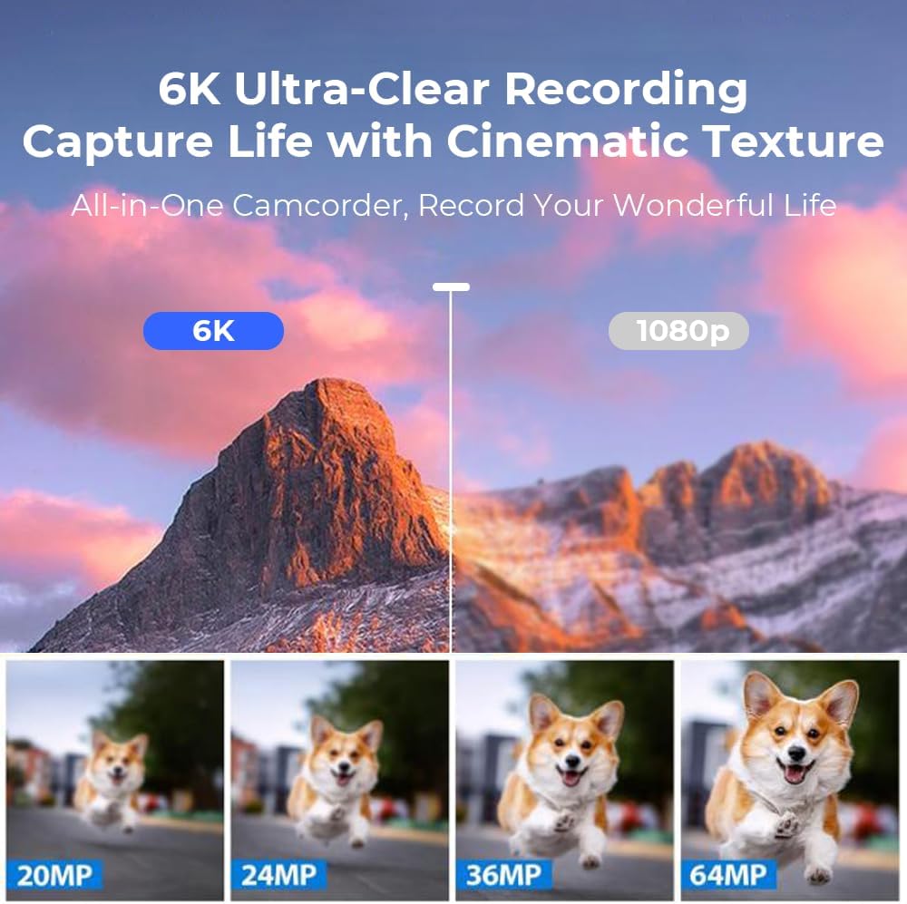 6K 64MP Digital Camera for Photography & YouTube Vlogging, 3" 180° Flip Screen, 16X Zoom Autofocus, WiFi, with Wide-Angle Lens,64GB TF Card, 2 Batteries, Charger, Reader & Flash