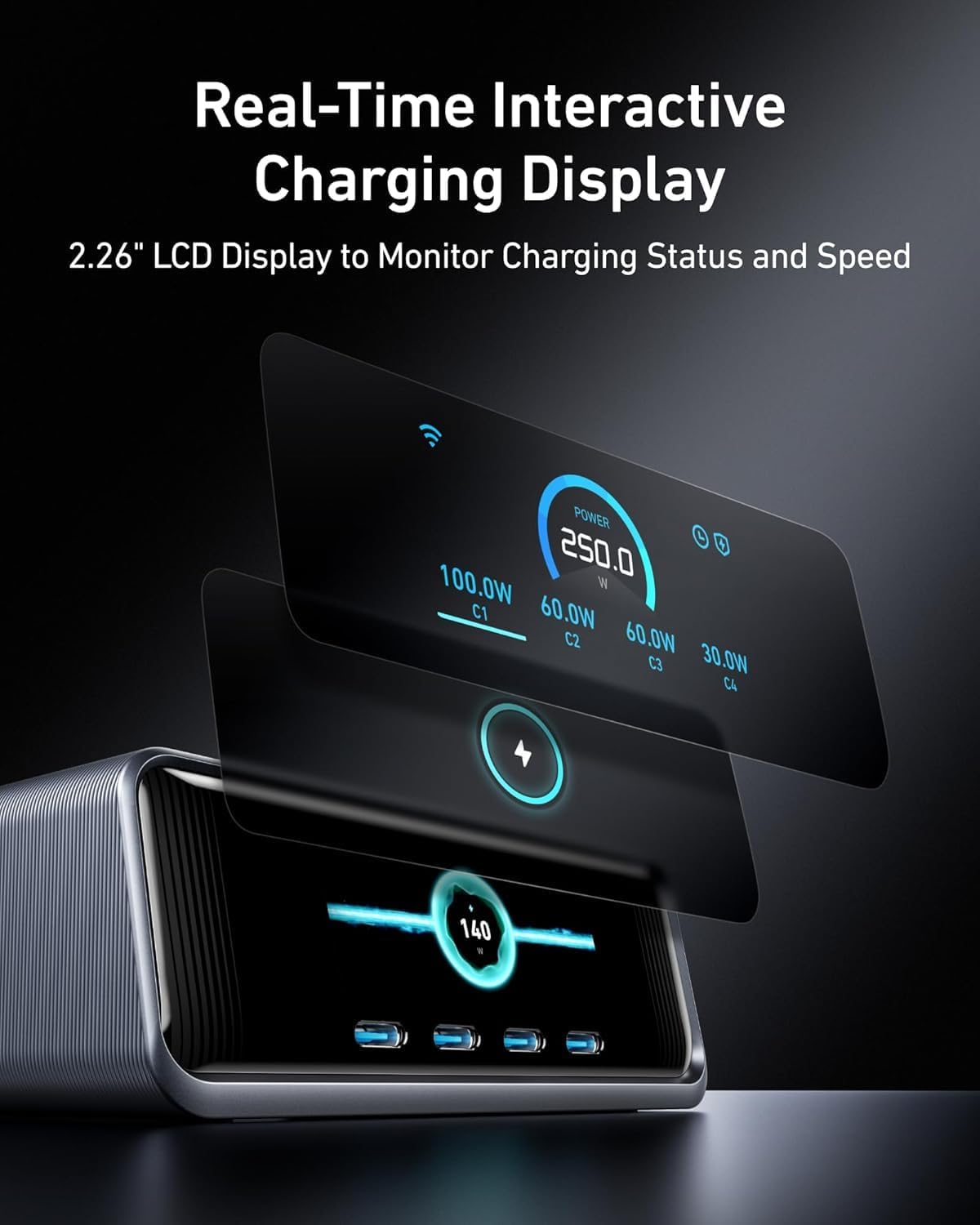 Anker Prime Charging Station, GAMING FAZE 1 250W 6-Port GaN USB C Charger, 2.26" LCD Smart Display Control, Compatible with iPhone, Galaxy, MacBook, Dell for Home Office, Desk Accessories